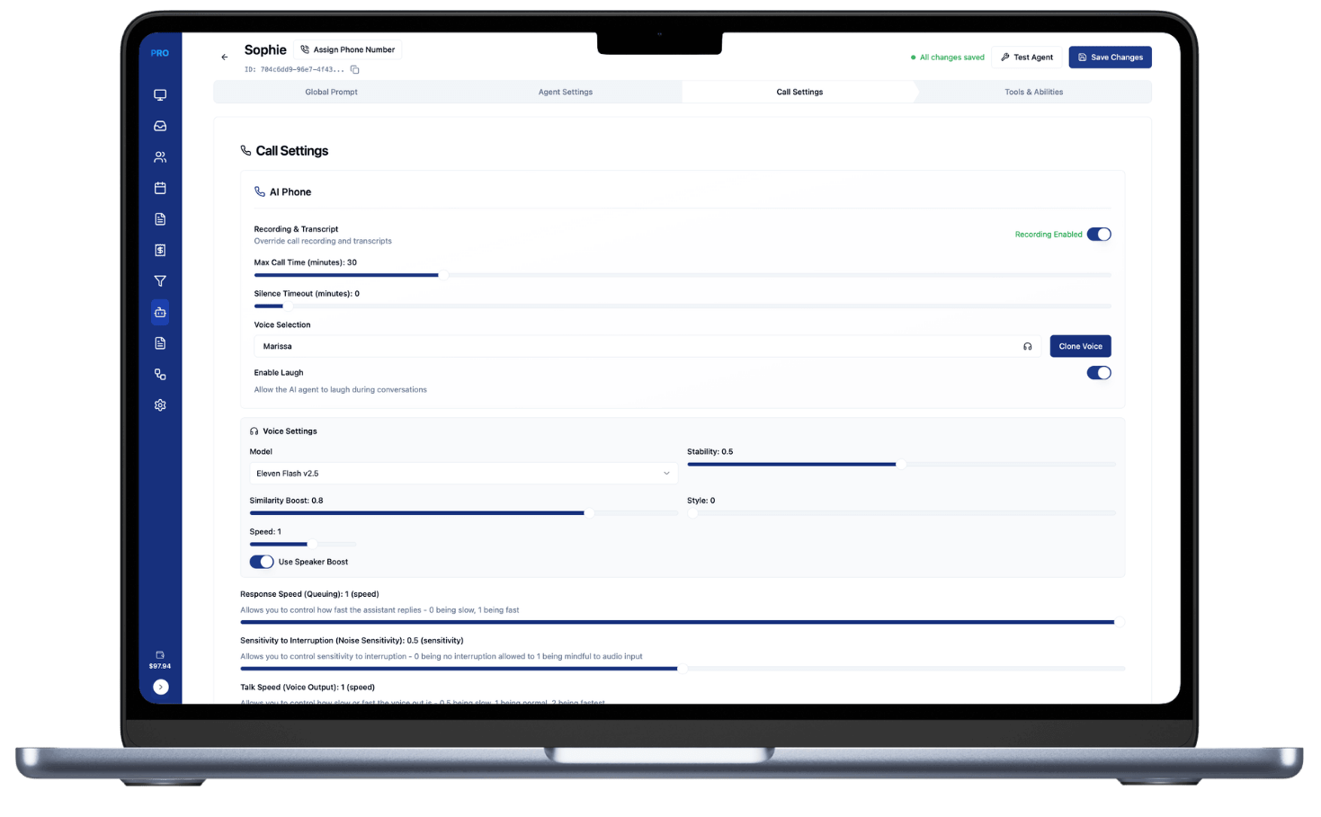 The Centerfy platform on a laptop, open on an AI phone agent's call settings
